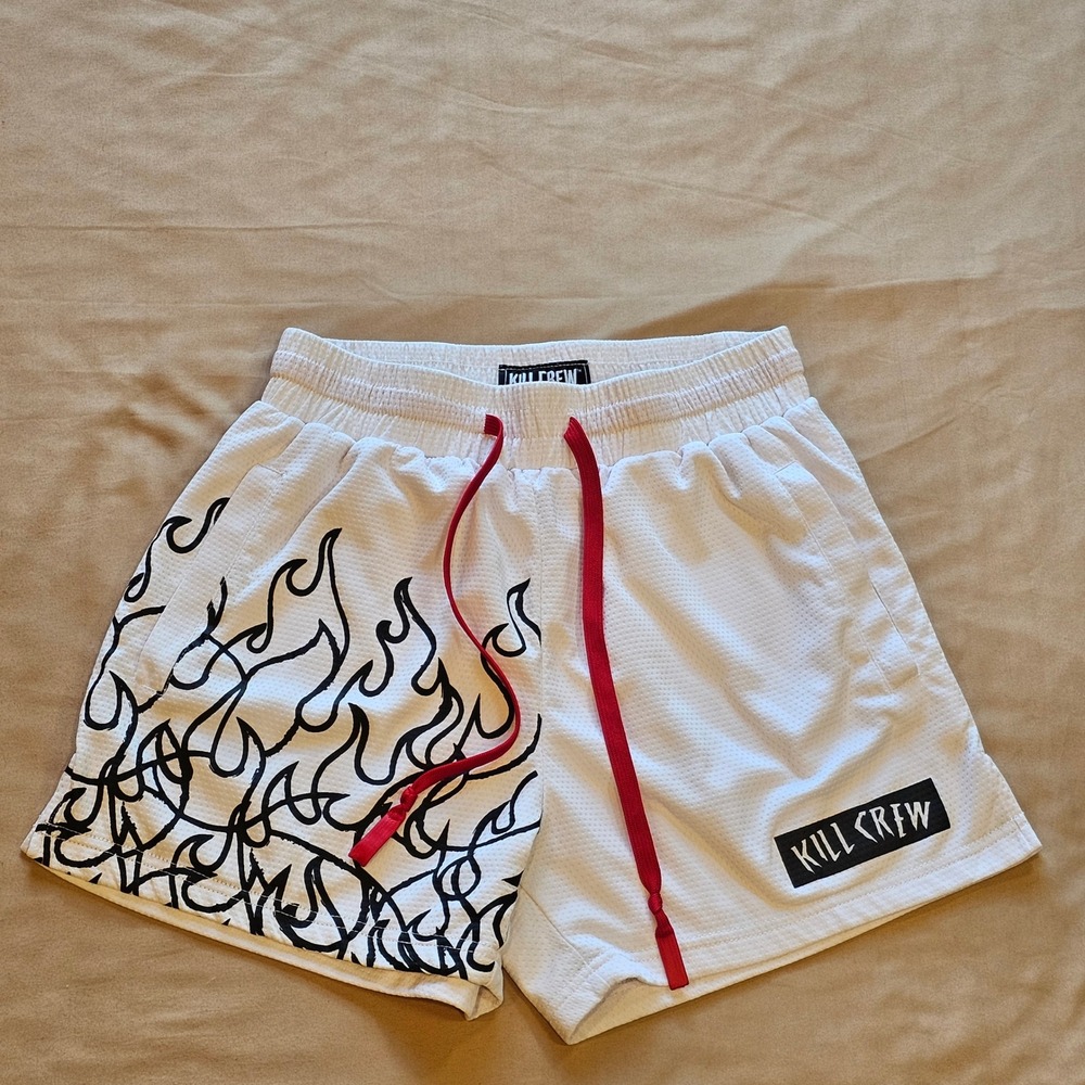 Kill Crew Mens White Mesh Flame Graphic Athletic Gym Shorts Drawstring L